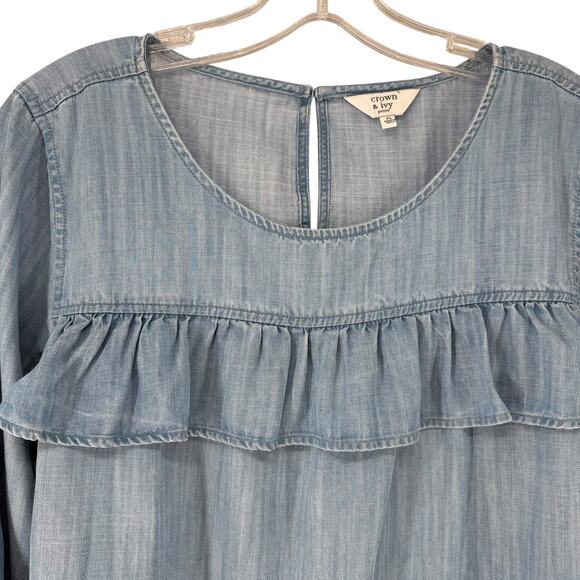 Crown And Ivy Chambray Top Ruffle Blue 3/4 Sleeve Petite Large Boho Preppy Flare - Picture 2 of 7